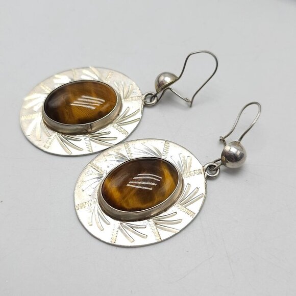 Taxco EMF Sterling Silver Tigers Eye Oval Earrings With Engraved Design - Picture 2 of 6